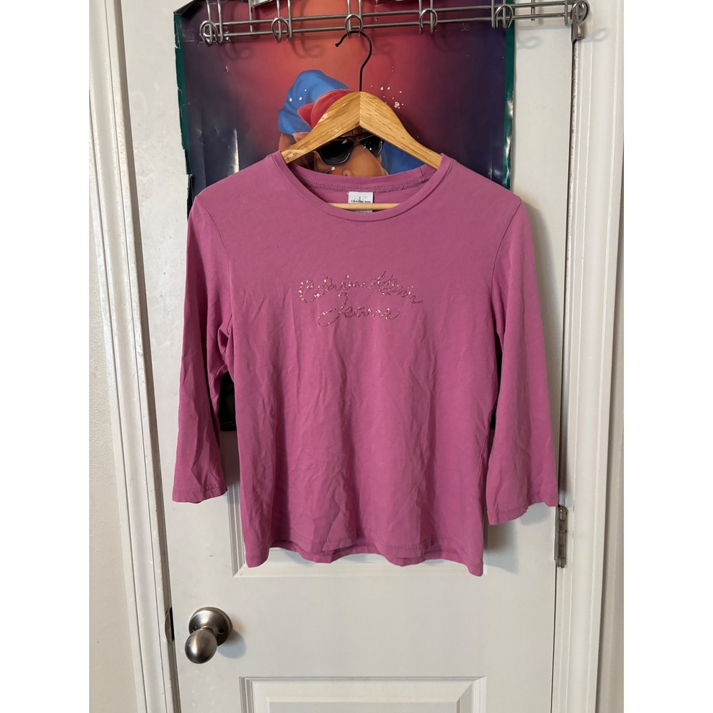 Calvin Klein Jeans Women Pink Sequin Logo Long Sleeve Cotton y2kLarge